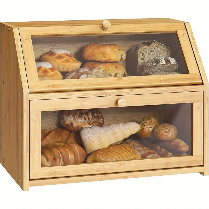 Wooden Bamboo Bread Box Farmhouse, big bread bin, Extra Large container storage for Kitchen Countertop