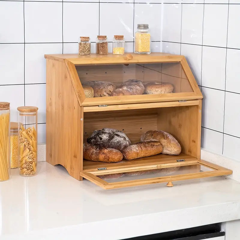Wooden Bamboo Bread Box Farmhouse, big bread bin, Extra Large container storage for Kitchen Countertop