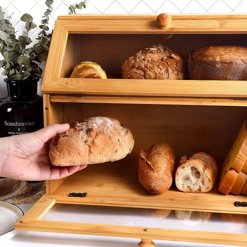Wooden Bamboo Bread Box Farmhouse, big bread bin, Extra Large container storage for Kitchen Countertop