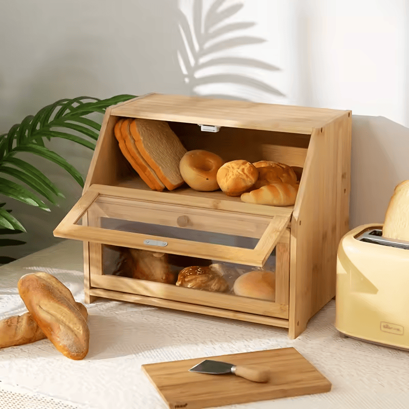 Wooden Bamboo Bread Box Farmhouse, big bread bin, Extra Large container storage for Kitchen Countertop