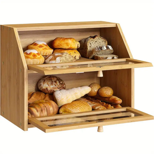Wooden Bamboo Bread Box Farmhouse, big bread bin, Extra Large container storage for Kitchen Countertop