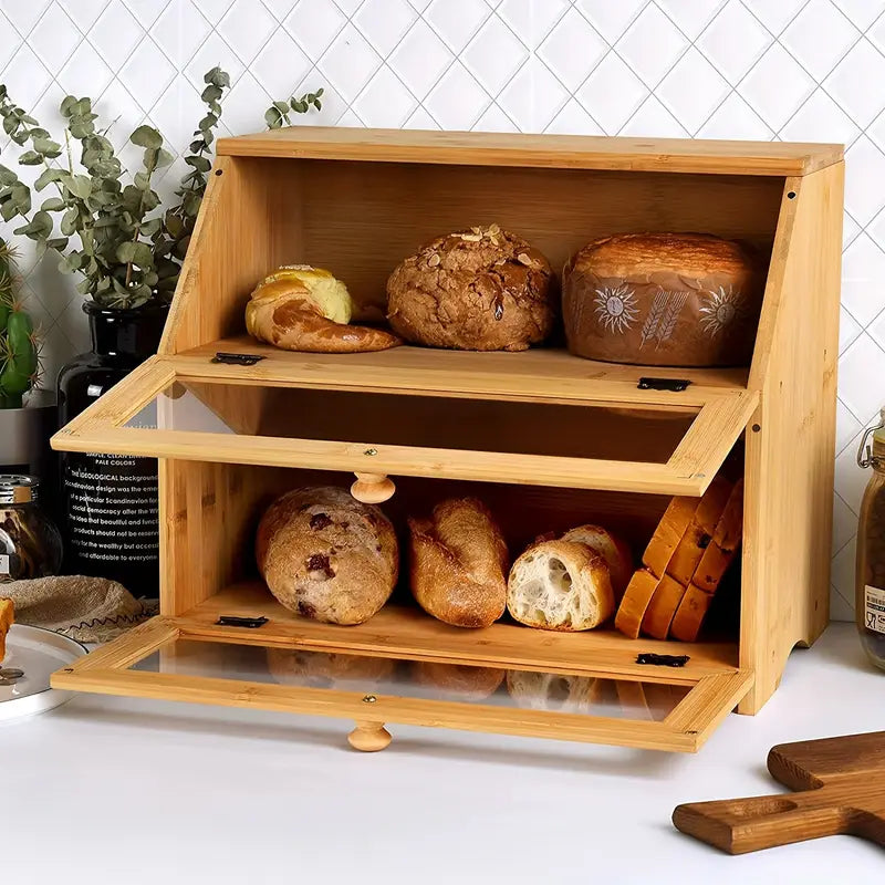 Wooden Bamboo Bread Box Farmhouse, big bread bin, Extra Large container storage for Kitchen Countertop